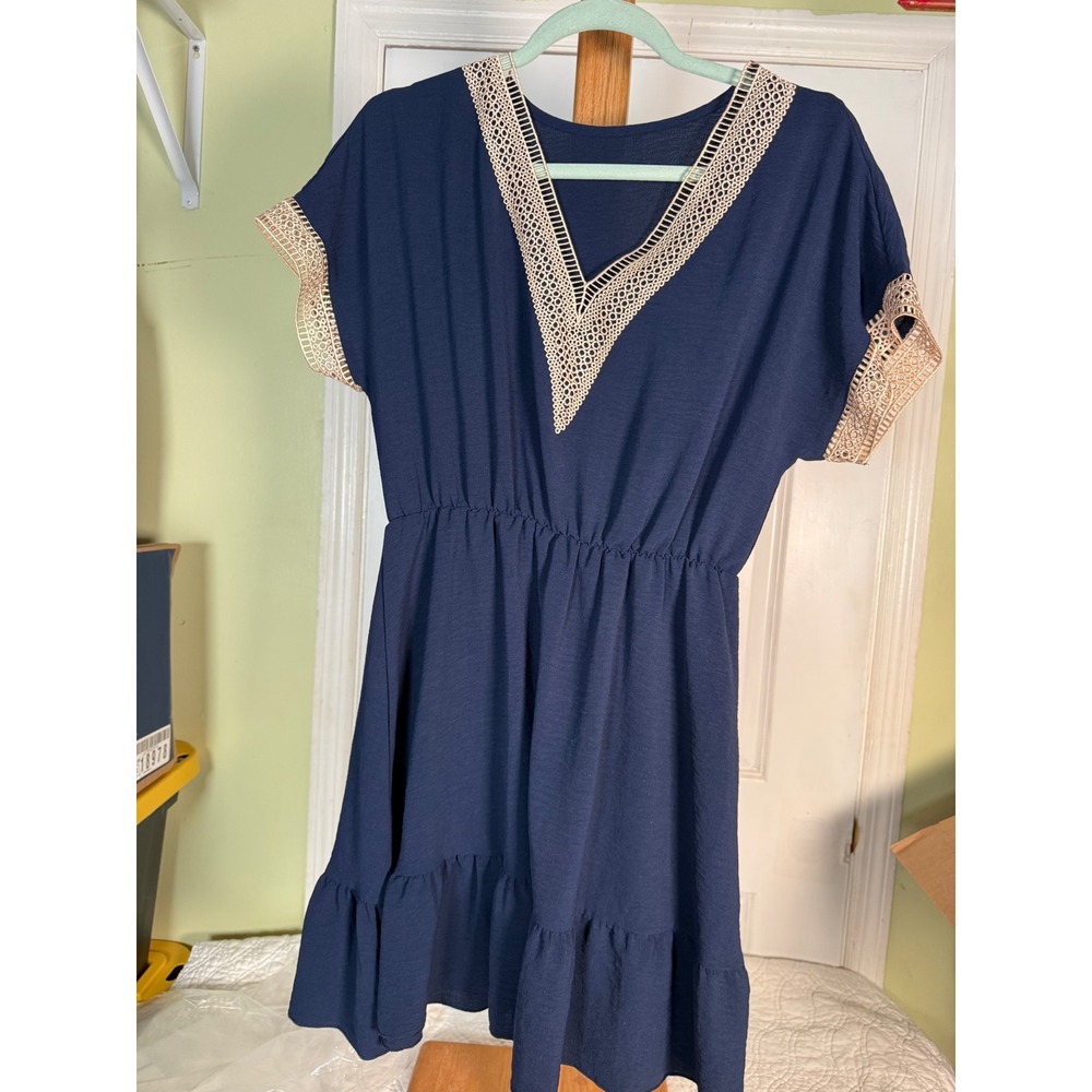 Shein Navy Blue Crochet Lace Trim V-Neck Mini Dress Ruffle Hem Size M US 6